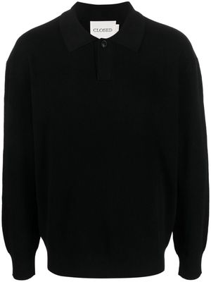 Closed long-sleeved ribbed polo shirt - Black
