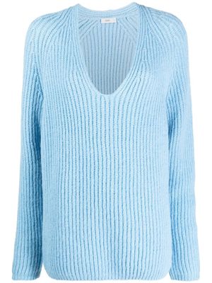 Closed V-neck ribbed knit jumper - Blue
