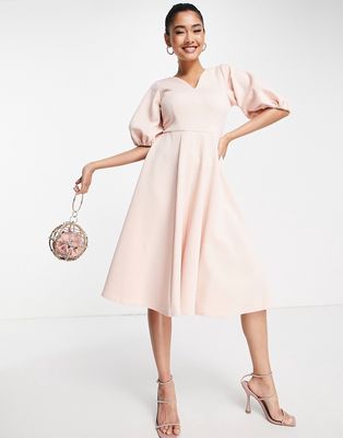 Closet London balloon sleeve skater dress in blush-Pink