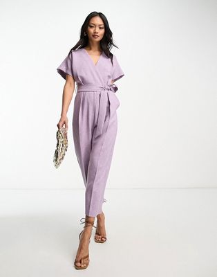 Closet London kimono wrap jumpsuit in mauve-Purple