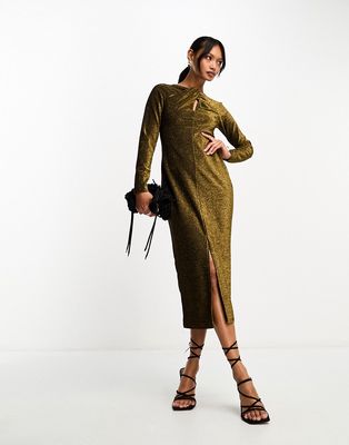 Closet London long sleeve ruched metallic midi dress in gold