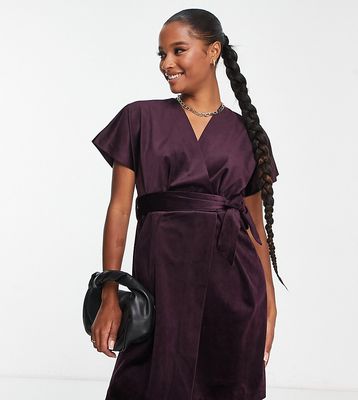 Closet London Petite kimono sleeve velvet mini dress with wrap tie in plum-Purple