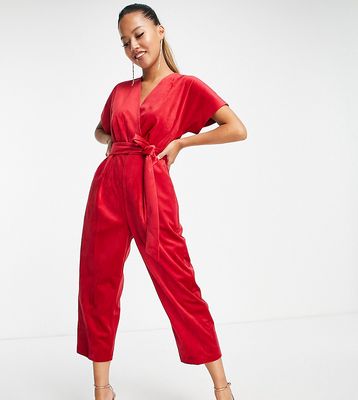 Closet London Petite velvet wrap jumpsuit in red