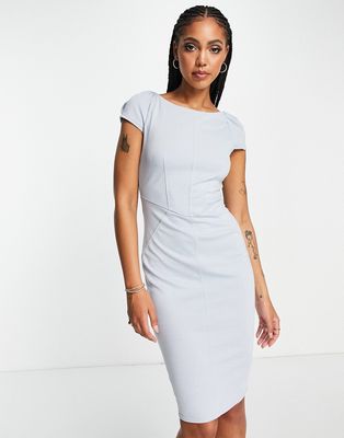 Closet London puff shoulder pencil dress with bodice detail in sky blue
