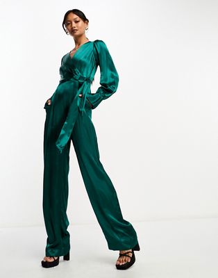 Closet London satin wrap wide leg jumpsuit in emerald-Green