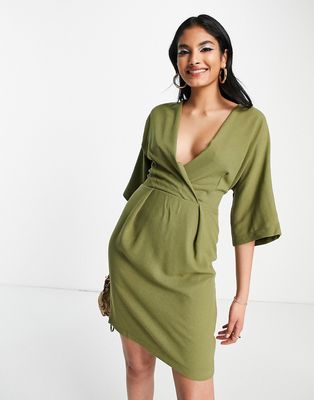 Closet London tie back wrap front mini dress in olive-Green