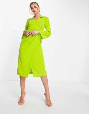 Closet London wrap shirt midi dress in lime-Green