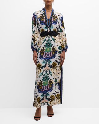 Clove Baroque-Print Long-Sleeve Belted Maxi Dress