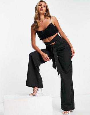 Club L London wide leg slouchy pant with belt in black - part of a set