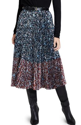 Club Monaco Colorblock Floral Pleated Skirt in Blue Mix/Bleu