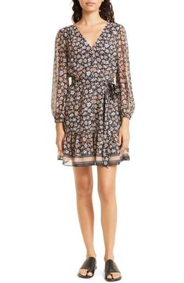 Club Monaco Floral Print Long Sleeve Silk Minidress in Floral Combo