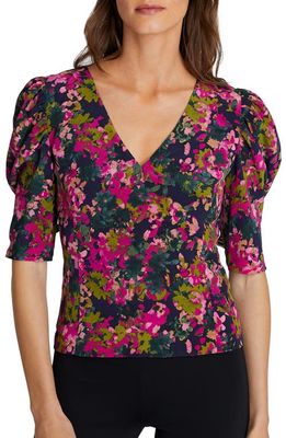 Club Monaco Floral Print Puff Sleeve Silk Top in Pink Mix/Rose