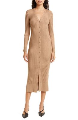 Club Monaco Rib Button-Up Wool Sweater Dress in Desert Tan