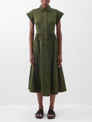 Co - Elasticated Waist Cotton Poplin Cap Sleeves Dress - Womens - Dark Khaki