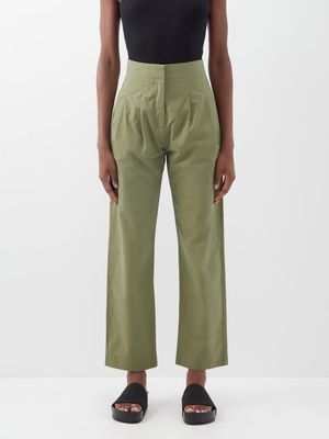 Co - Pleated Cotton-blend High-waist Trousers - Womens - Khaki
