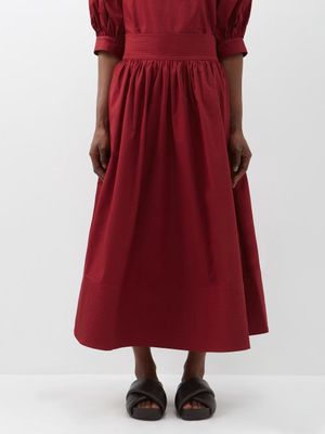 Co - Shirred Cotton Midi Skirt - Womens - Bordeaux