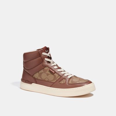 Coach Outlet Clip Court High Top Sneaker In Signature Canvas - Brown