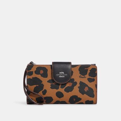 Coach Outlet Phone Wallet With Leopard Print And Signature Canvas Interior - Brown