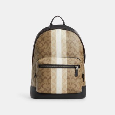 Coach Outlet West Backpack In Blocked Signature Canvas With Varsity Stripe - Beige
