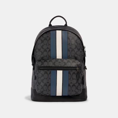 Coach Outlet West Backpack In Signature Canvas With Varsity Stripe - Black