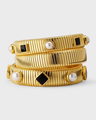 Cobra Stone and Pearly Elastic Bracelets, Set of 3