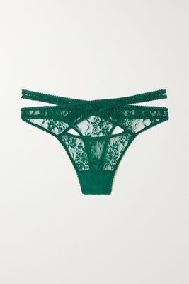 Coco de Mer - Georgia Wrap-effect Cutout Embroidered Tulle Thong - Green