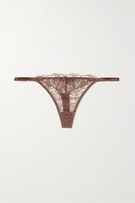 Coco de Mer - Paeonia Embroidered Tulle And Satin Thong - Brown
