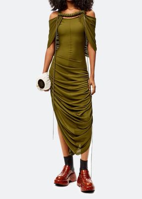 Cold-Shoulder Ruched Midi Dress w/ Twisted Chain