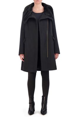 Cole Haan Signature Asymmetric Wool Blend Coat with Faux Fur Collar in Black