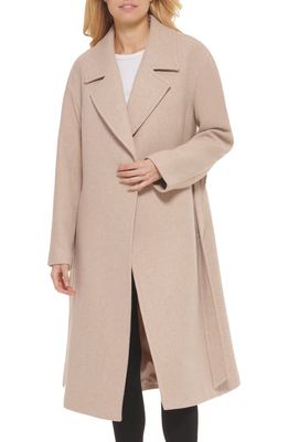 Cole Haan Signature Oversize Belted Basket Weave Wool Blend Wrap Coat in Oatmeal
