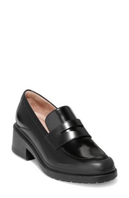 Cole Haan Westerly Block Heel Penny Loafer in Black Leather
