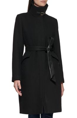 Cole Haan Wool Twill Faux Leather Belted Coat in Black