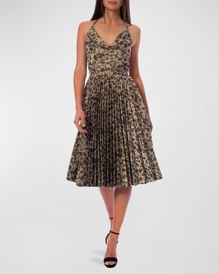 Coleen Pleated Cheetah-Print Cowl-Neck Dress