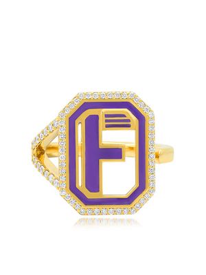 Colette 18kt yellow gold Gatsby F initial diamond and navy enamel ring