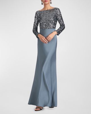 Colette Long-Sleeve Sequin Satin A-Line Gown