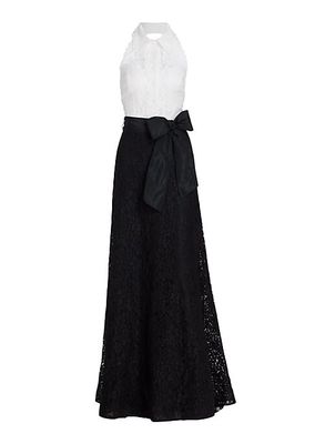 Collared Colorblocked Lace Gown