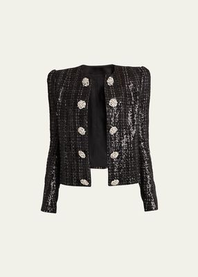 Collarless Sequined Tweed Jacket with Jewel Buttons