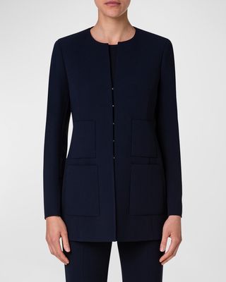 Collarless Wool Double-Face Stretch Long Fitted Jacket