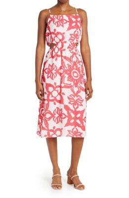 Collective Concepts Floral Side Cutout Midi Dress in Ivory /Red