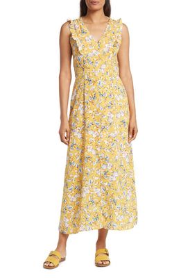 Collective Concepts V-Neck Sleeveless Ruffle Detail Floral Print Maxi Dress in Yellow /Ivory Floral
