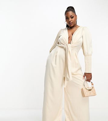 Collective the Label Curve exclusive plunge front wide leg jumpsuit in oyster-White