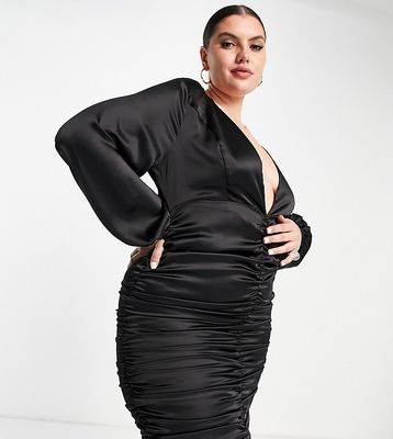 Collective the Label Curve exclusive ruched plunge mini dress in black