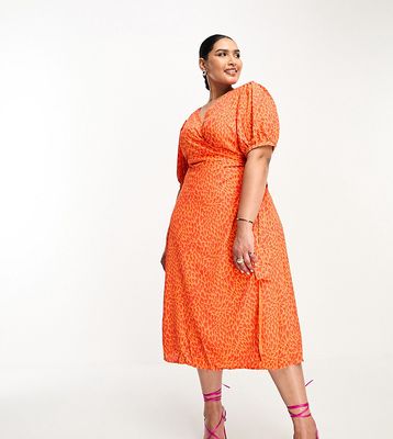 Collective The Label Curve Exclusive wrap midi dress in red heart print-Orange