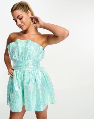Collective the Label exclusive bandeau ruched romper in mint sequin-Blue