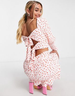 Collective the Label exclusive bow back crop top in ditsy heart print - part of a set-Pink