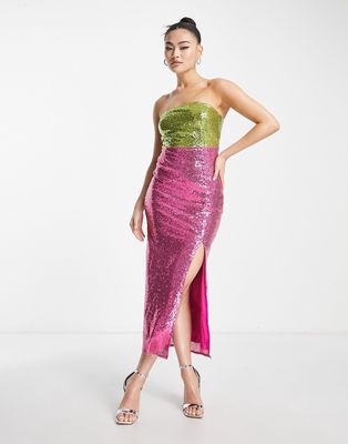Collective the Label exclusive color block sequin midaxi dress in lime and hot pink-Multi
