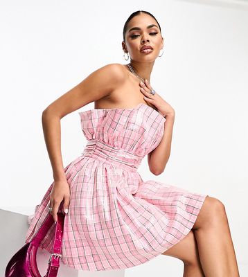 Collective the Label exclusive embellished bandeau mini dress in pink check sequin