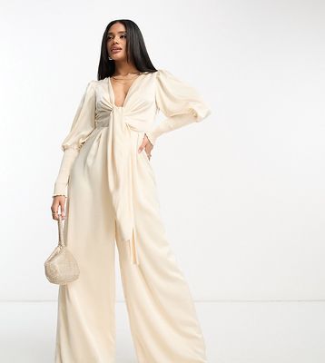 Collective The Label exclusive plunge front wide leg jumpsuit in oyster-White