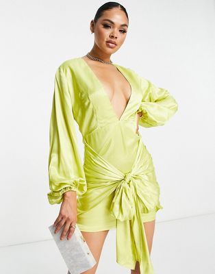 Collective the Label exclusive plunge knot front satin mini dress in lime-Green