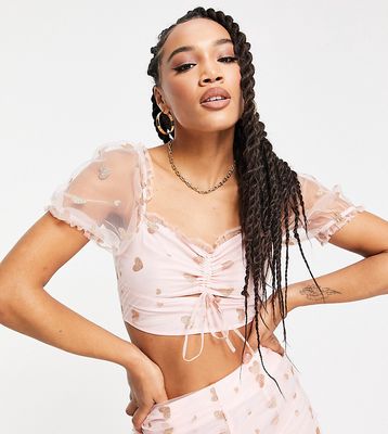 Collective the Label exclusive puff sleeve organza top in blush glitter heart - part of a set-Multi